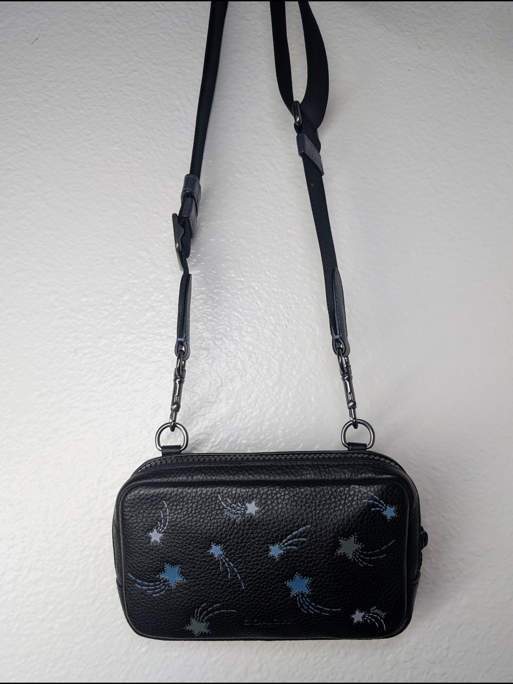 Coach Black Star-Print Phone Carrier Pebbled Leather Crossbody Bag